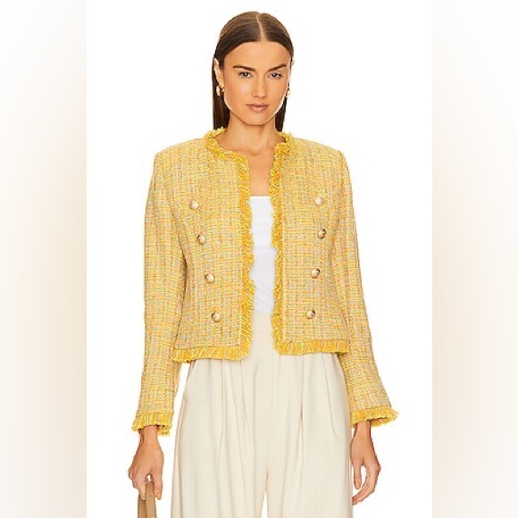 L’AGENCE Tinlee Blazer in Yellow Multi Tweed open front jacket Chanel-like, sz 0 - Picture 4 of 17